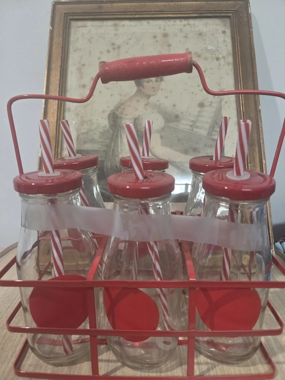 PIER 1 VINTAGE JULY 4TH Set of 6 Glasses with Red Striped Straws and Carrier
